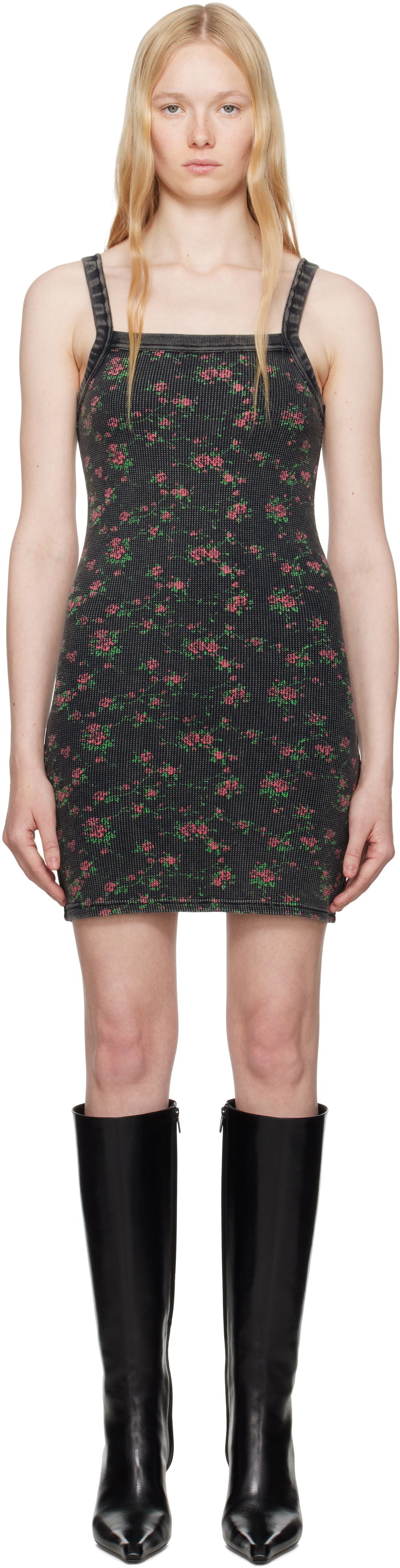 Šaty Alexander Wang Alexander Wang Floral-Print Waffle Knit Mini Dress Čierna | 8C4246605P, 0