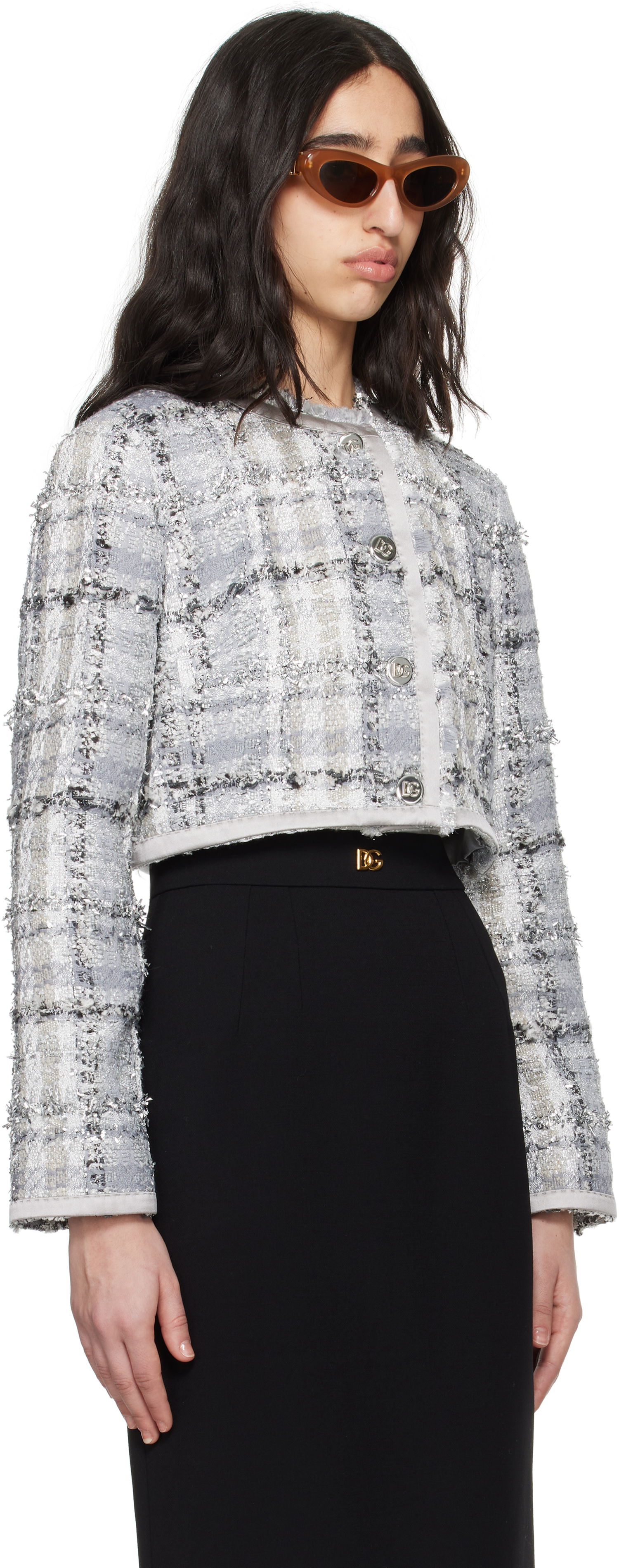 Bunda Dolce & Gabbana Dolce&Gabbana Short Check Lurex Raschel Tweed Jacket Šedá | F27DQT FQZAE, 1