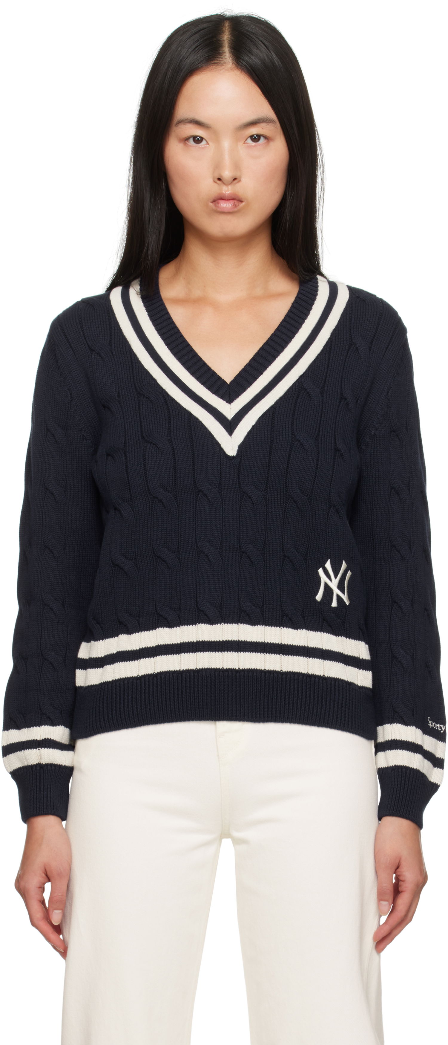 Sveter Sporty & Rich '47 Edition Yankees Serif Cable Knit Sweater Navy | WS011505631BL32, 0
