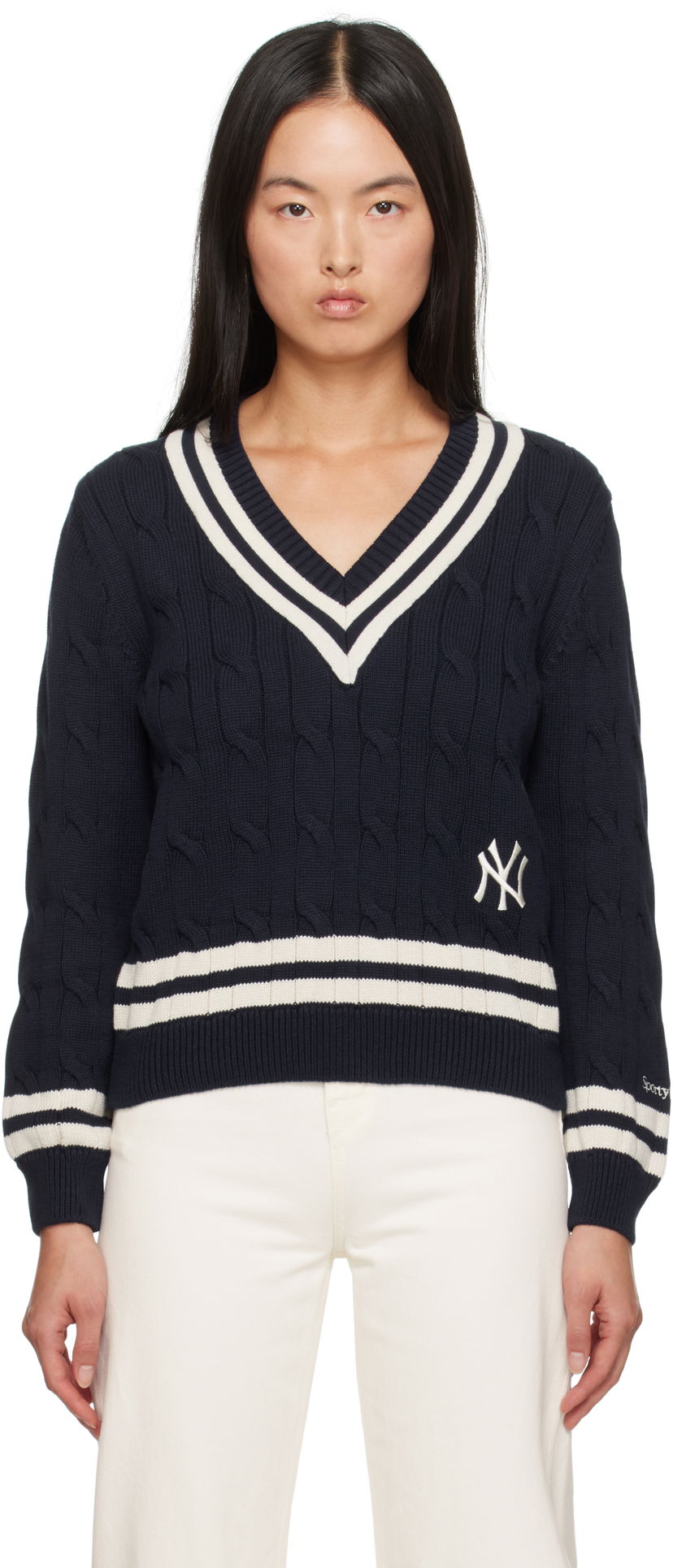 Sveter Sporty & Rich '47 Edition Yankees Serif Cable Knit Sweater Navy | WS011505631BL32