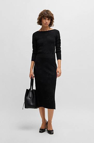 Tričko BOSS BOSS Stretch Jacquard Wide-Neck Sweater Čierna | 50521371, 1