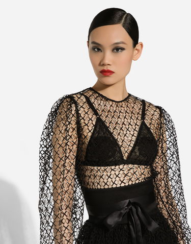 Šaty Dolce & Gabbana Dolce & Gabbana Calf-Length Mesh Dress with Belt Čierna | F6JOITILMBEN0000, 3