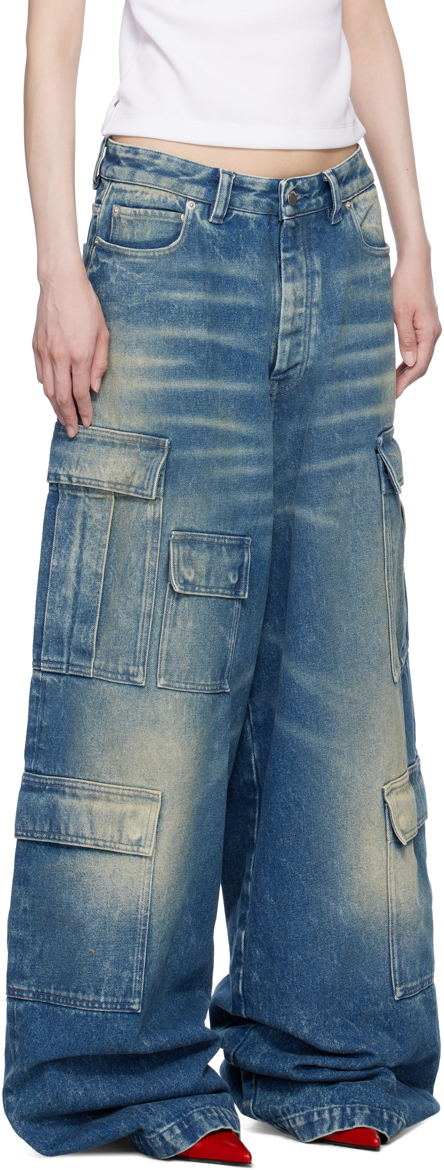 Vintage Wash Denim Cargo Pants