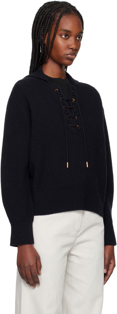 Sveter Max Mara Max Mara Eccelso Lace-Up Ribbed Knit Hoodie Navy | 2511361161600, 1