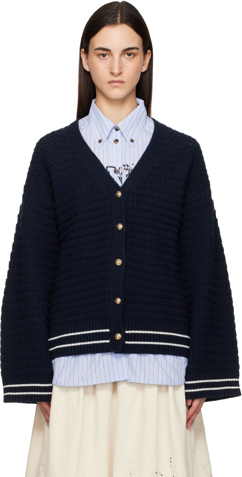 Sveter GANNI Textured Knit Wool V-Neck Cardigan with Gold-Tone Buttons and Striped Trim Navy | K2634