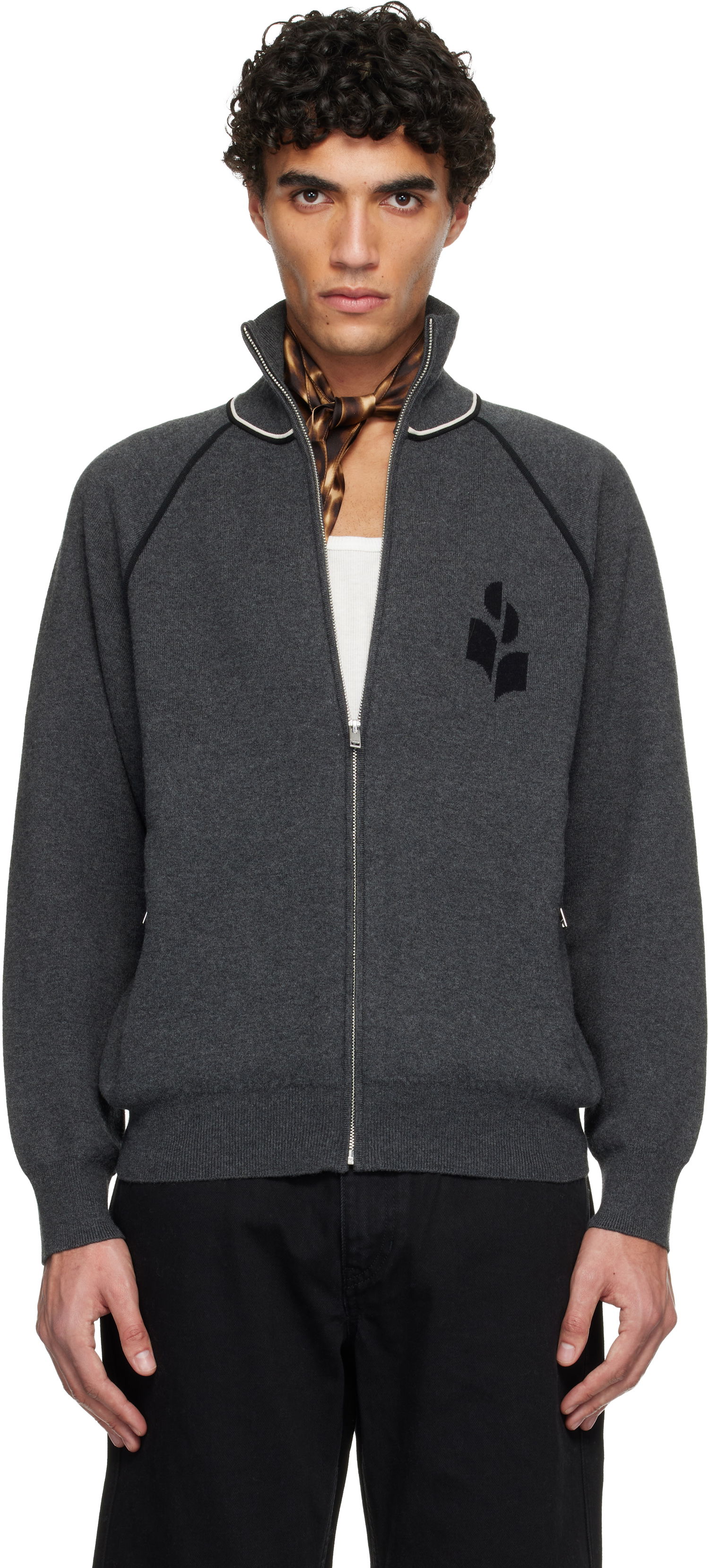 Sveter ISABEL MARANT Sergio Full-Zip Knit Cardigan with Contrast Piping and Embroidered Logo Šedá | CA0171HA-D1L06H, 0