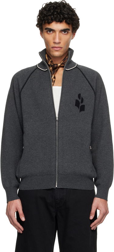 Sveter ISABEL MARANT Sergio Full-Zip Knit Cardigan with Contrast Piping and Embroidered Logo Šedá | CA0171HA-D1L06H, 0