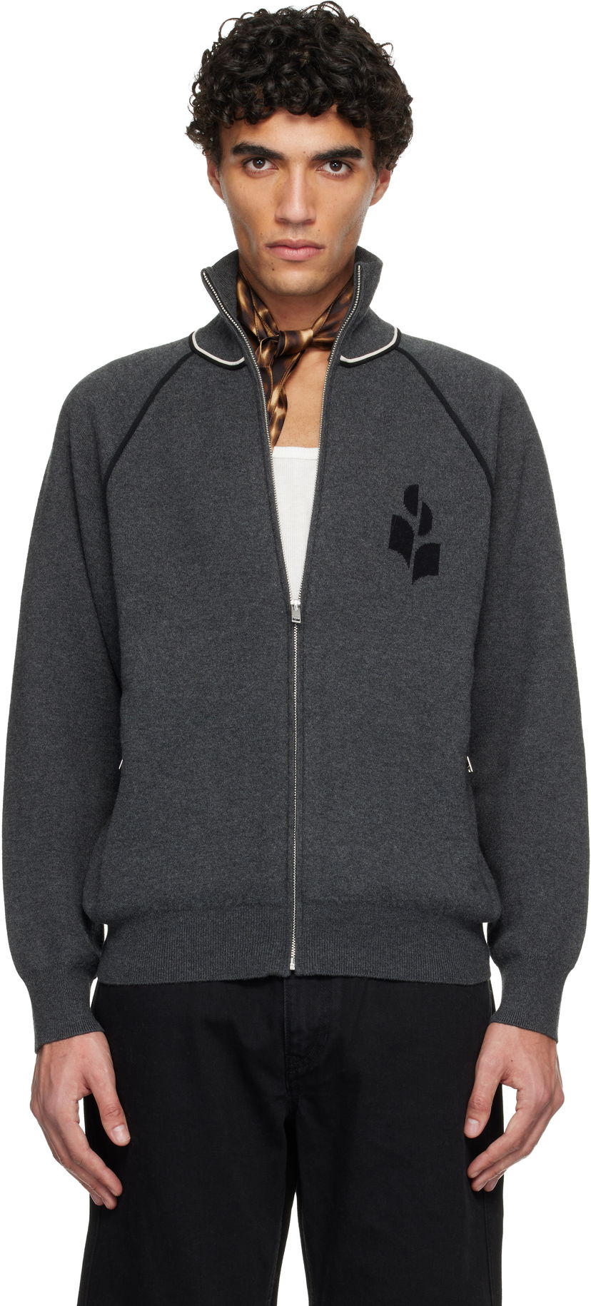 Sveter ISABEL MARANT Sergio Full-Zip Knit Cardigan with Contrast Piping and Embroidered Logo Šedá | CA0171HA-D1L06H