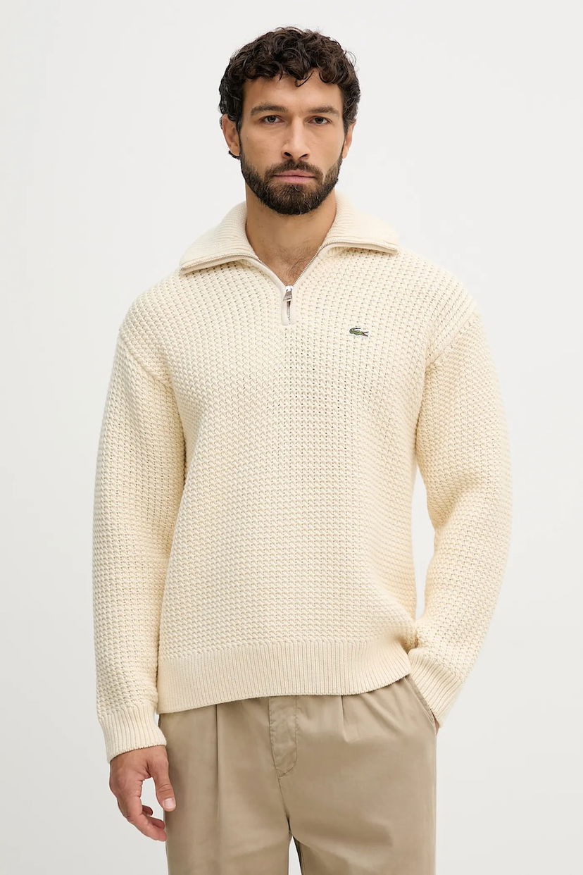 Sveter Lacoste Wool Blend Waffle Knit Half-Zip Polo Sweater Béžová | AH5205