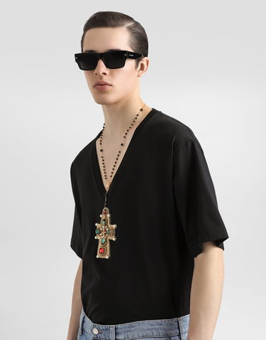 Tričko Dolce & Gabbana Cotton V-Neck T-Shirt With Jeweled Cross Patch Čierna | G8QL3ZG7O4IN0000, 3
