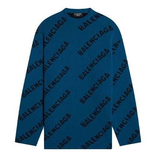 Sveter Balenciaga All Over Logo Crewneck Knit Sweater Modrá | 657400T15672470