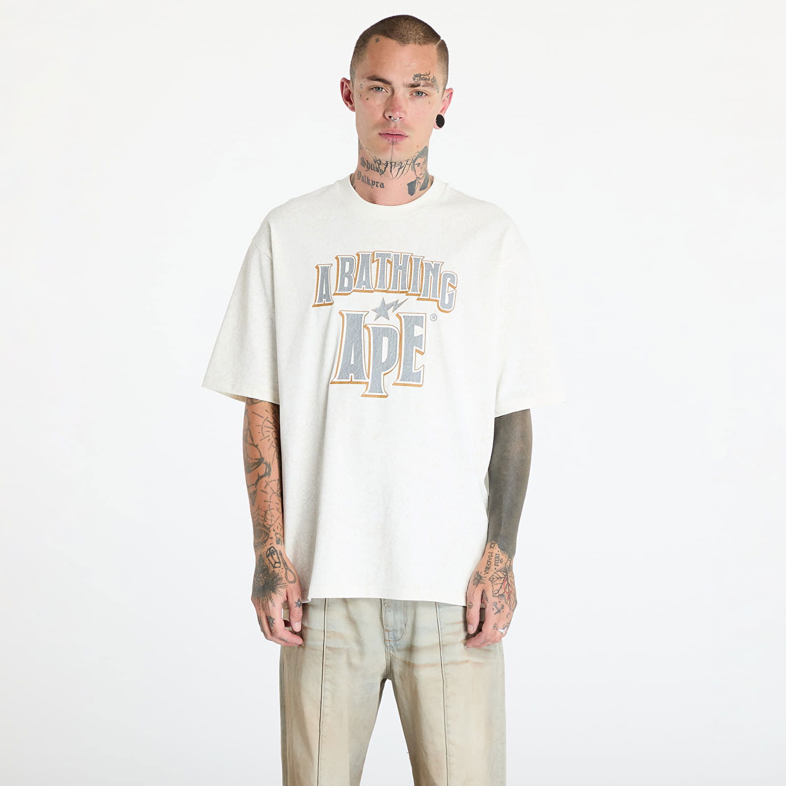 A BATHING APE Crack Print Pattern Logo Relaxed Fit Tee White