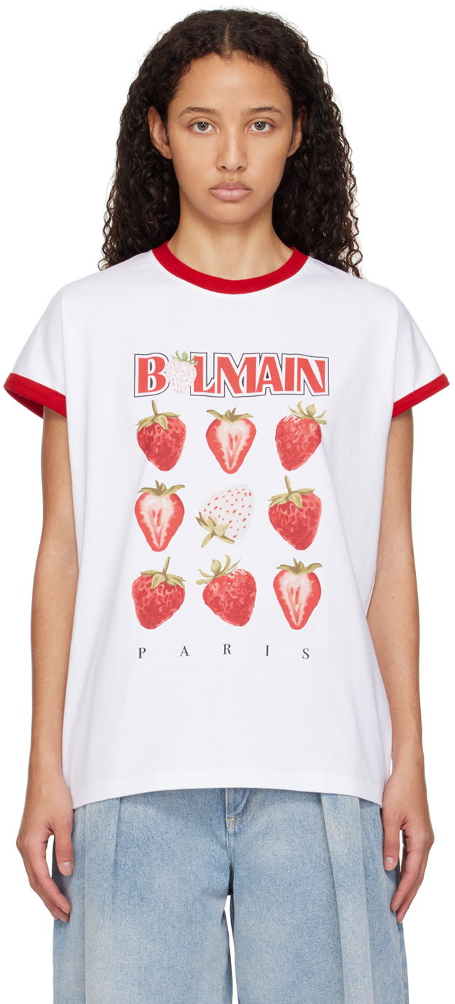 Tričko Balmain Strawberry Print Two-Tone T-shirt Biela | DF0EF010GE27, 0