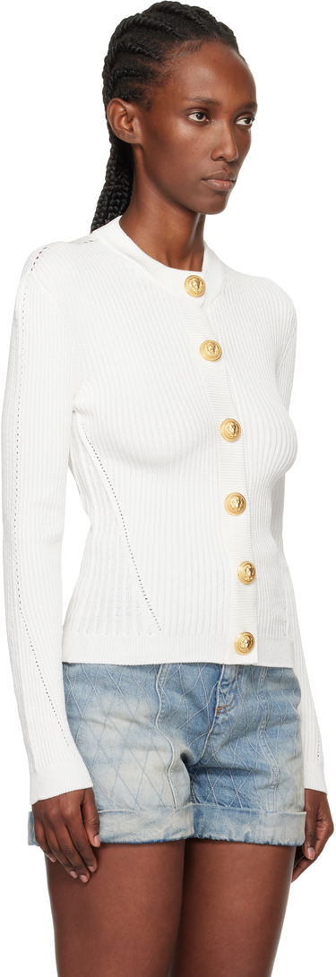 Sveter Balmain Ribbed Fine Knit Cardigan with Gold Buttons Biela | FF0KL191KJ15, 1