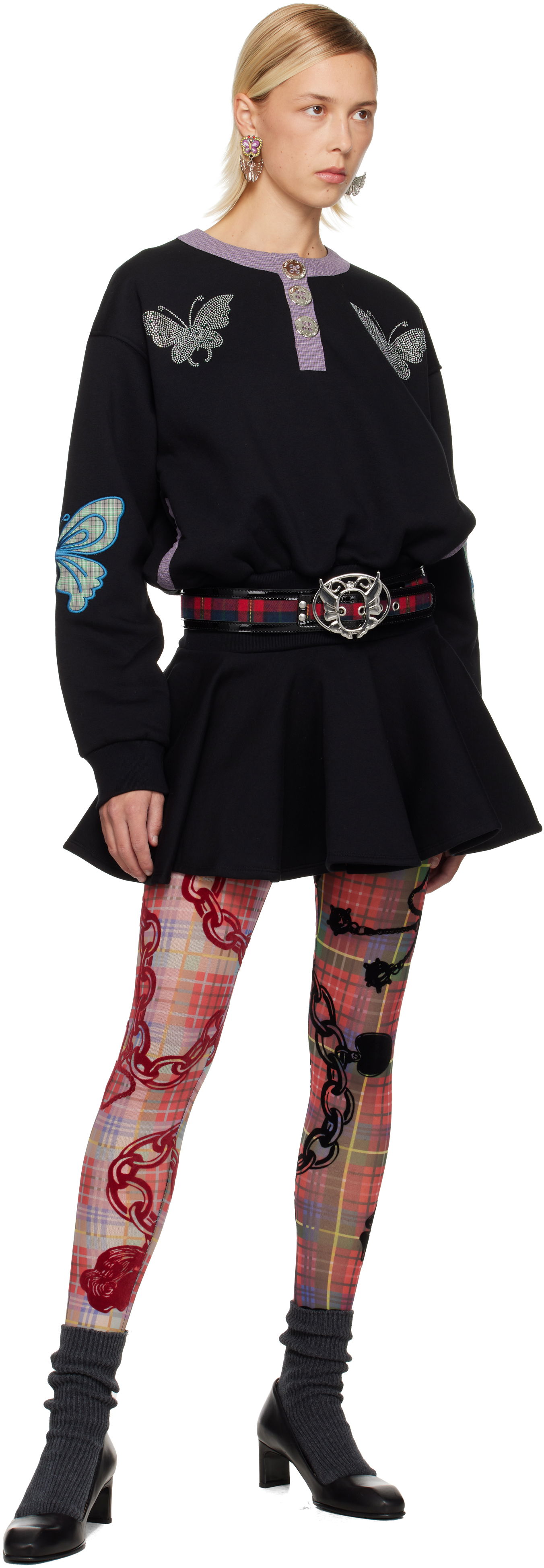 Opasok Chopova Lowena Chopova Lowena Tartan & Patent Leather Belt with Crystal-Embellished Winged Buckle Metalická | 6719, 1