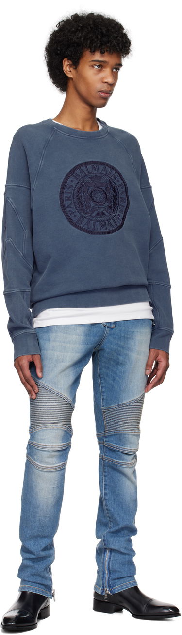 Sveter Balmain Balmain Ribbed Coin Embroidery Sweatshirt Modrá | EH1JS007BC89, 3
