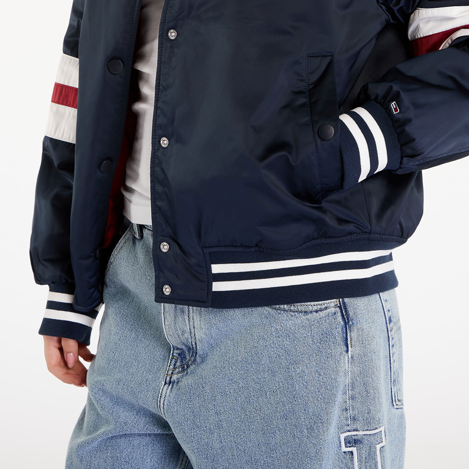 Satin Letterman Bomber Jacket Dark Night Navy