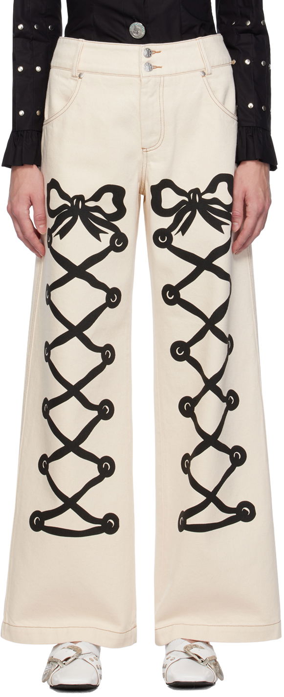 Džínsy Chopova Lowena Chopova Lowena Ribbon Print Wide Leg Jeans Béžová | 4061, 0