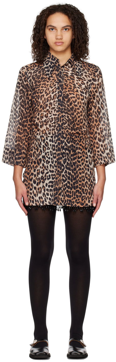Šaty GANNI GANNI Leopard Print Mini Dress with Beaded Trim Hnedá | F6956