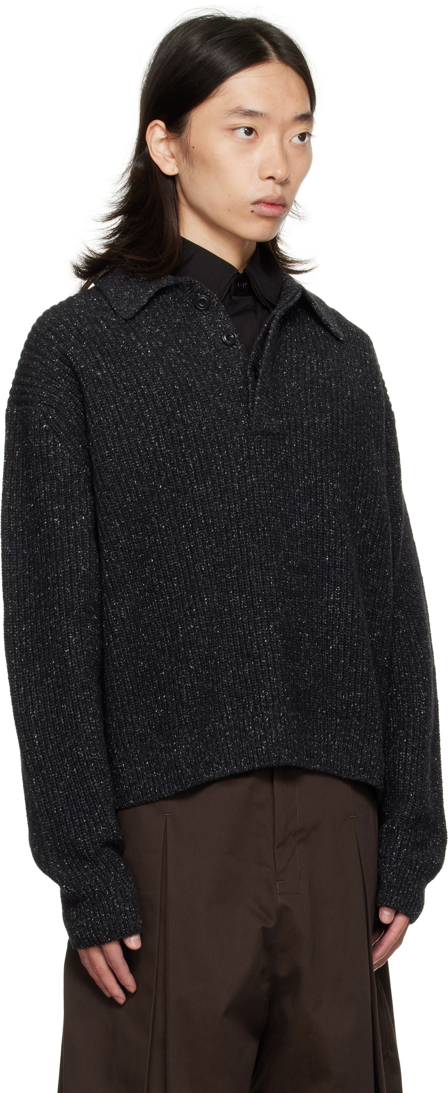 Sveter sage NATION SAGE NATION Knit Polo Sweater Čierna | S098 POLO WOOL SPECKLED CHARCO, 1