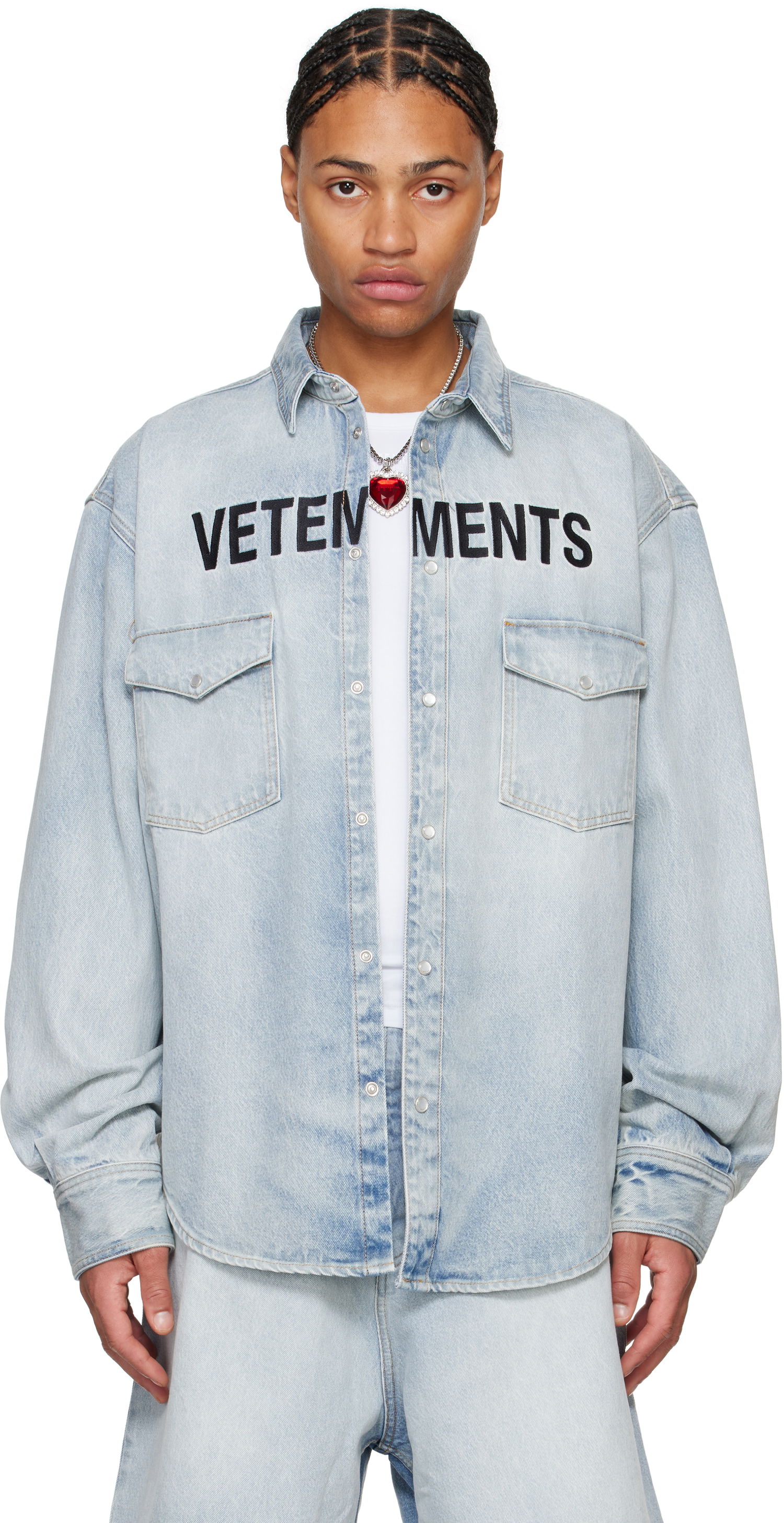 Košeľa VETEMENTS Embroidered Logo Denim Shirt Modrá | UA66SH510L, 0