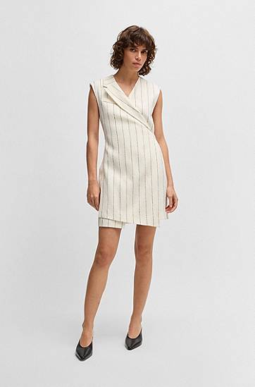Šaty BOSS BOSS Pinstripe Linen-Blend Wrap Dress Biela | 50537459, 1