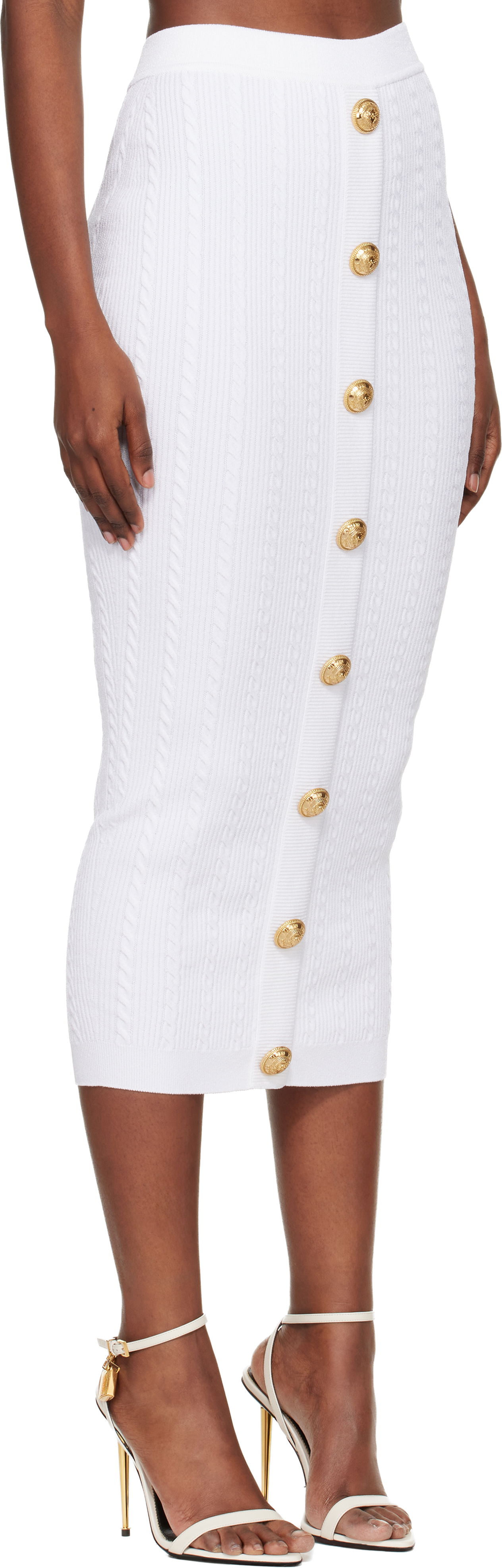 Sukňa Balmain Cable-Knit Button-Front Midi Skirt Biela | FF1LD066KI50, 1