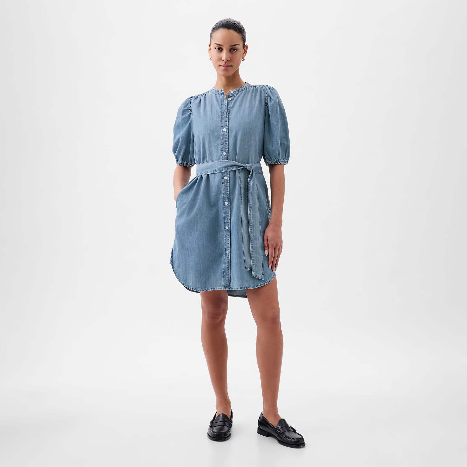 Dresses Shortsleeve Puff Sleeve Denim Shirtdress Light Wash Indigo 118