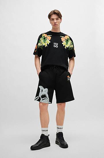 Šortky BOSS Relaxed-Fit Cotton-Blend Shorts with Artwork Čierna | 50517824, 1