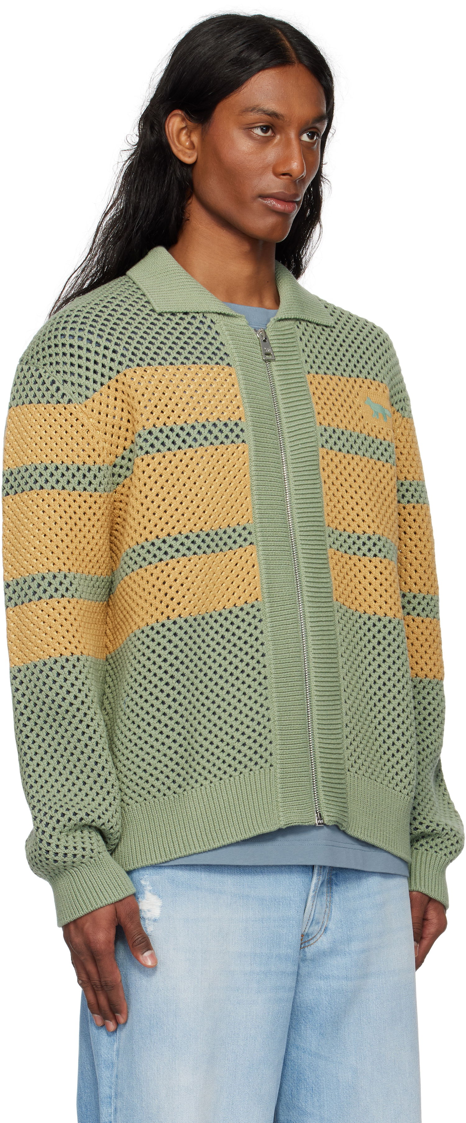 Bunda MAISON KITSUNÉ Maison Kitsuné Striped Mesh Blouson Jacket Zelené | OM02136KT1125, 1