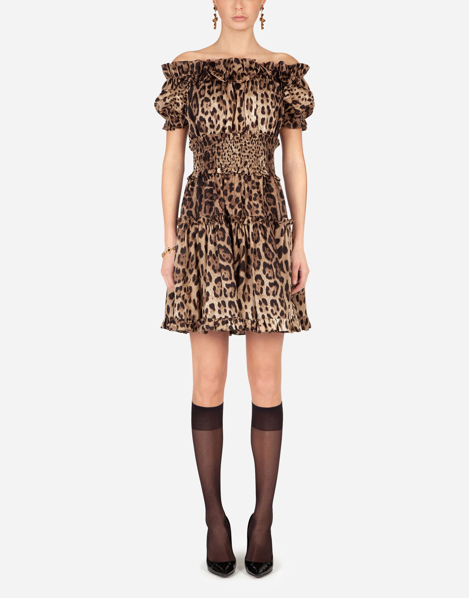 Šaty Dolce & Gabbana Short Off-the-Shoulder Ruffled Smocked Tiered Leopard-Print Poplin Dress Rôznofarebný | F6A0UTHS5E3HY13M, 1