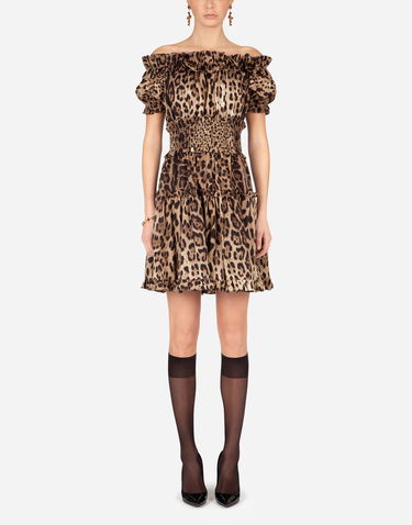 Šaty Dolce & Gabbana Short Off-the-Shoulder Ruffled Smocked Tiered Leopard-Print Poplin Dress Rôznofarebný | F6A0UTHS5E3HY13M, 1
