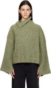 Mohair Rib Knit Sweater with Asymmetric Collar and Shoulder Buttons