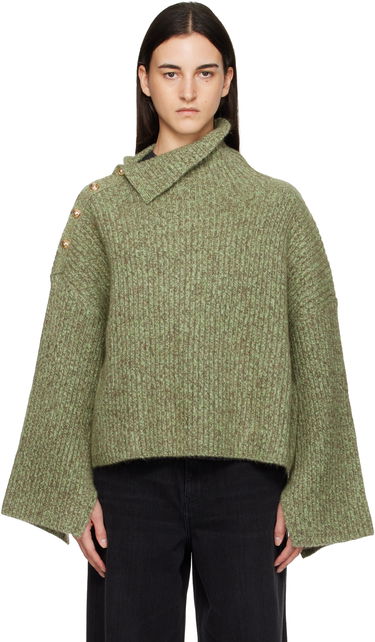 Sveter GANNI Mohair Rib Knit Sweater with Asymmetric Collar and Shoulder Buttons Zelené | K2556, 0