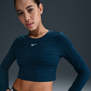 Crop Top Nike Pro Dri-FIT Jacquard Long Sleeve Cropped Top Modrá | HJ4281-478, 1