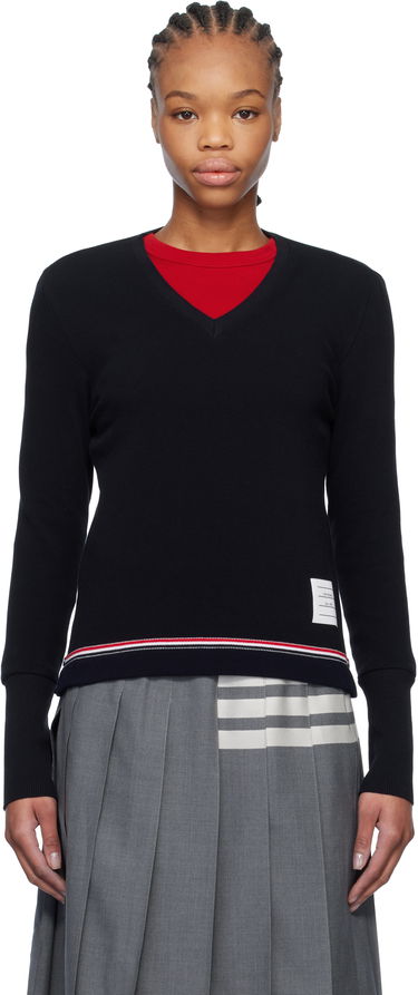 Sveter Thom Browne Thom Browne Cotton Pique V-Neck Sweater Navy | FJS194A-J0185, 0