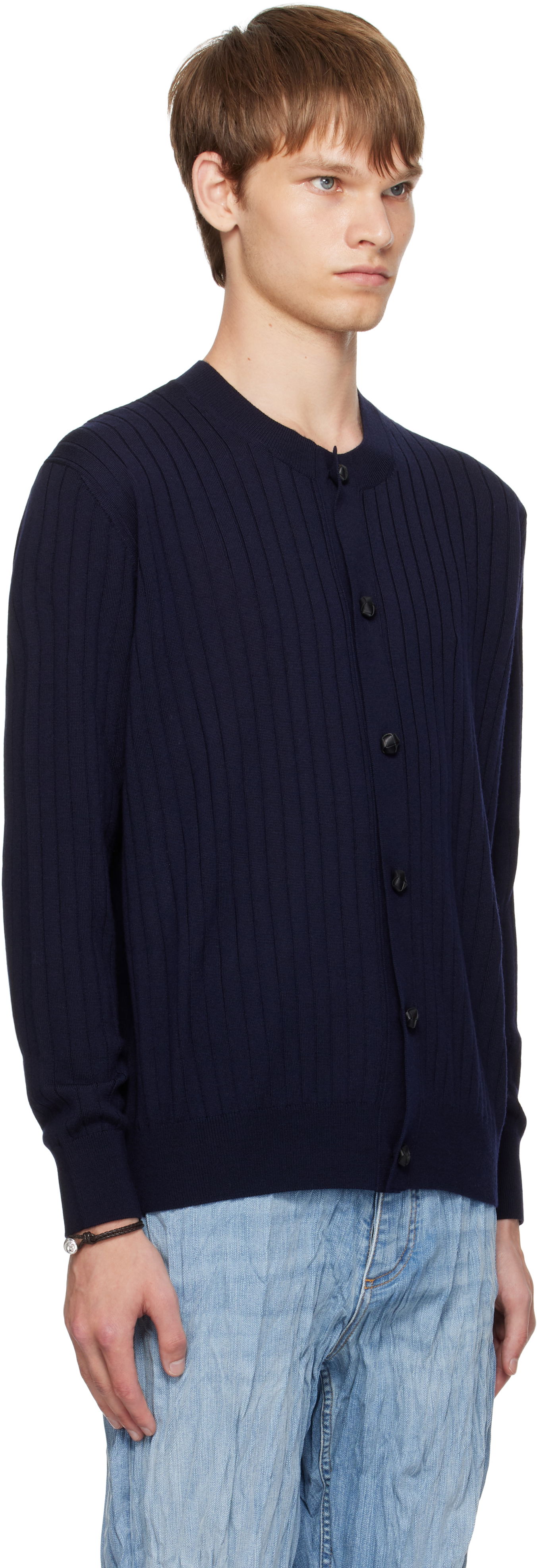 Sveter Bottega Veneta Bottega Veneta Wool Rib Knit Cardigan Navy | 838111V5L704140, 1