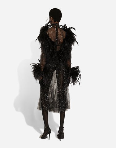 Šaty Dolce & Gabbana Calf-length Tulle Dress With Rhinestones And Feather Embellishment Čierna | F6JNQTFLSK6S0998, 3
