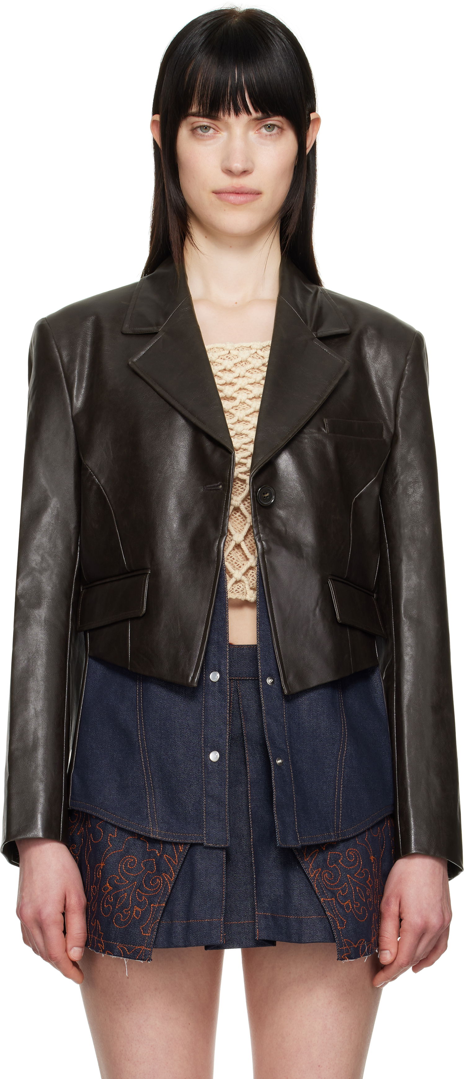 Bunda Andersson Bell Andersson Bell Hybrid Faux-Leather Cropped Blazer Hnedá | awa683w, 0