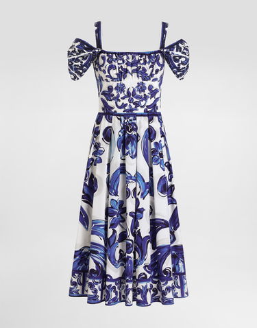 Šaty Dolce & Gabbana Dolce & Gabbana Majolica Print Cold Shoulder Poplin Dress Modrá | I6KH2WFI5JKHB5DQ, 0