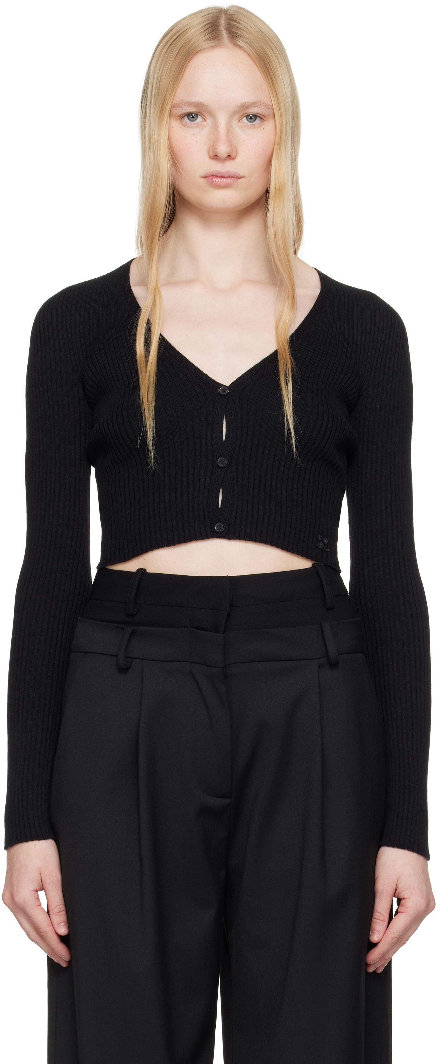 Sveter Courrèges Courrèges Rib Knit Cropped Cardigan Čierna | 225MGI034FI0049, 0