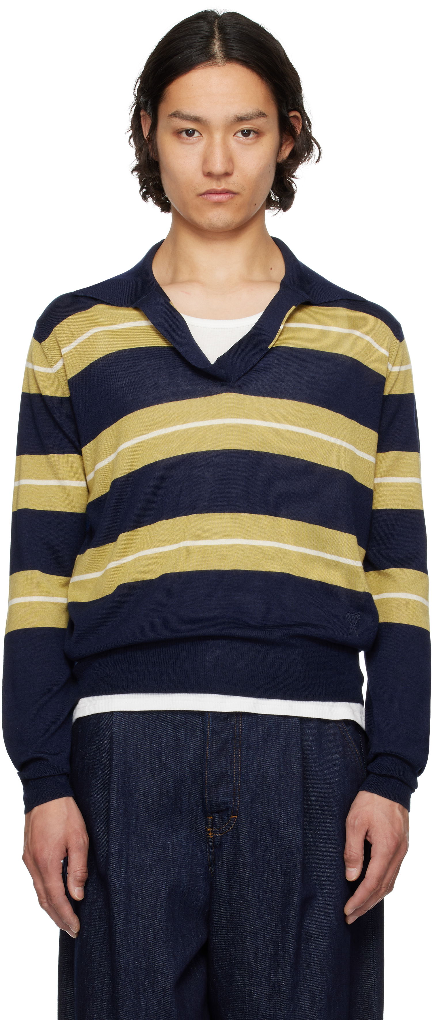Sveter AMI AMI Paris Wool Silk Striped Polo Navy | HPL376.KN0079, 0