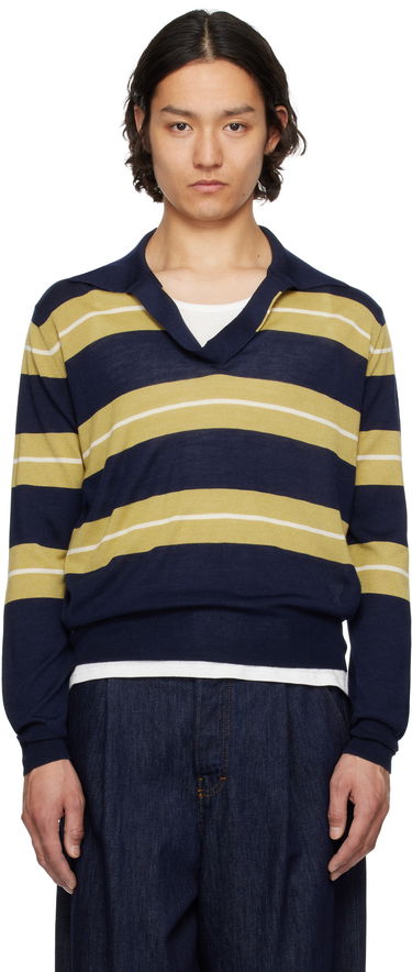 Sveter AMI AMI Paris Wool Silk Striped Polo Navy | HPL376.KN0079, 0
