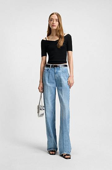 Sveter BOSS Ribbed Knit Top with Cutout Shoulders Čierna | 50538223, 1