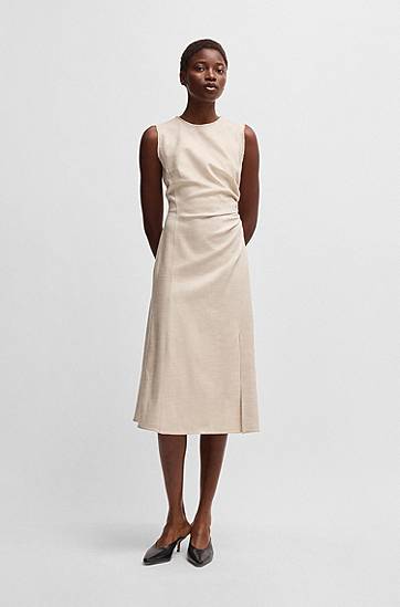Šaty BOSS Sleeveless Frayed and Gathered Midi Dress Béžová | 50537879, 1