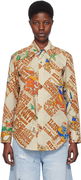 Brown Graphic-Print Cotton Button-Up Shirt