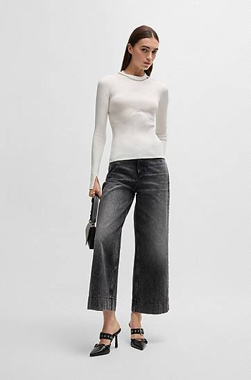 Sveter BOSS Ribbed Mock Neck Sweater with Chain Collar Biela | 50532166, 1
