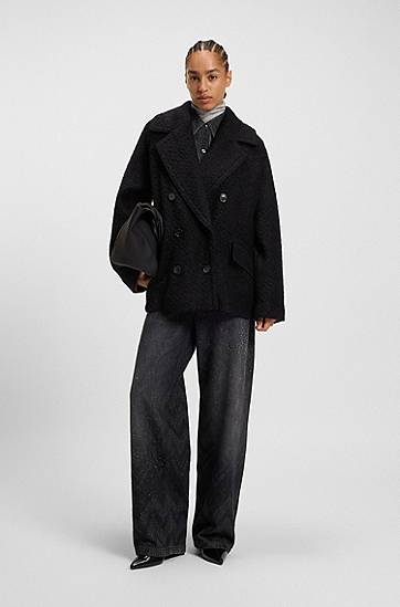 Kabáty BOSS Boxy-fit Caban coat with bouclé texture Čierna | 50548664, 1