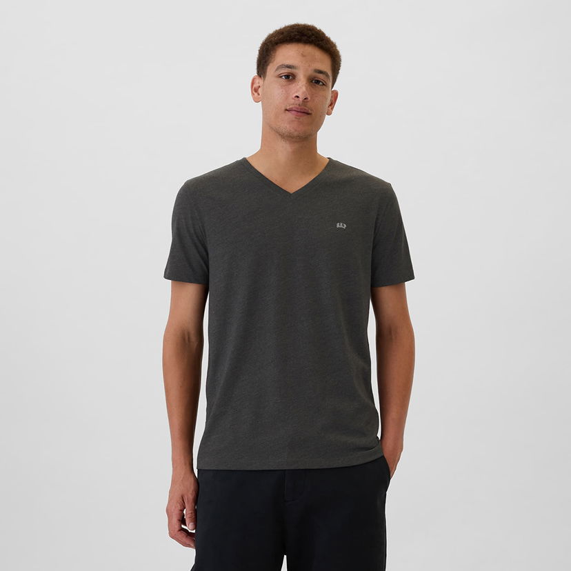 Tričko GAP T-shirt Micro Logo Vneck Tee Charcoal Heather M Čierna | 502020-00