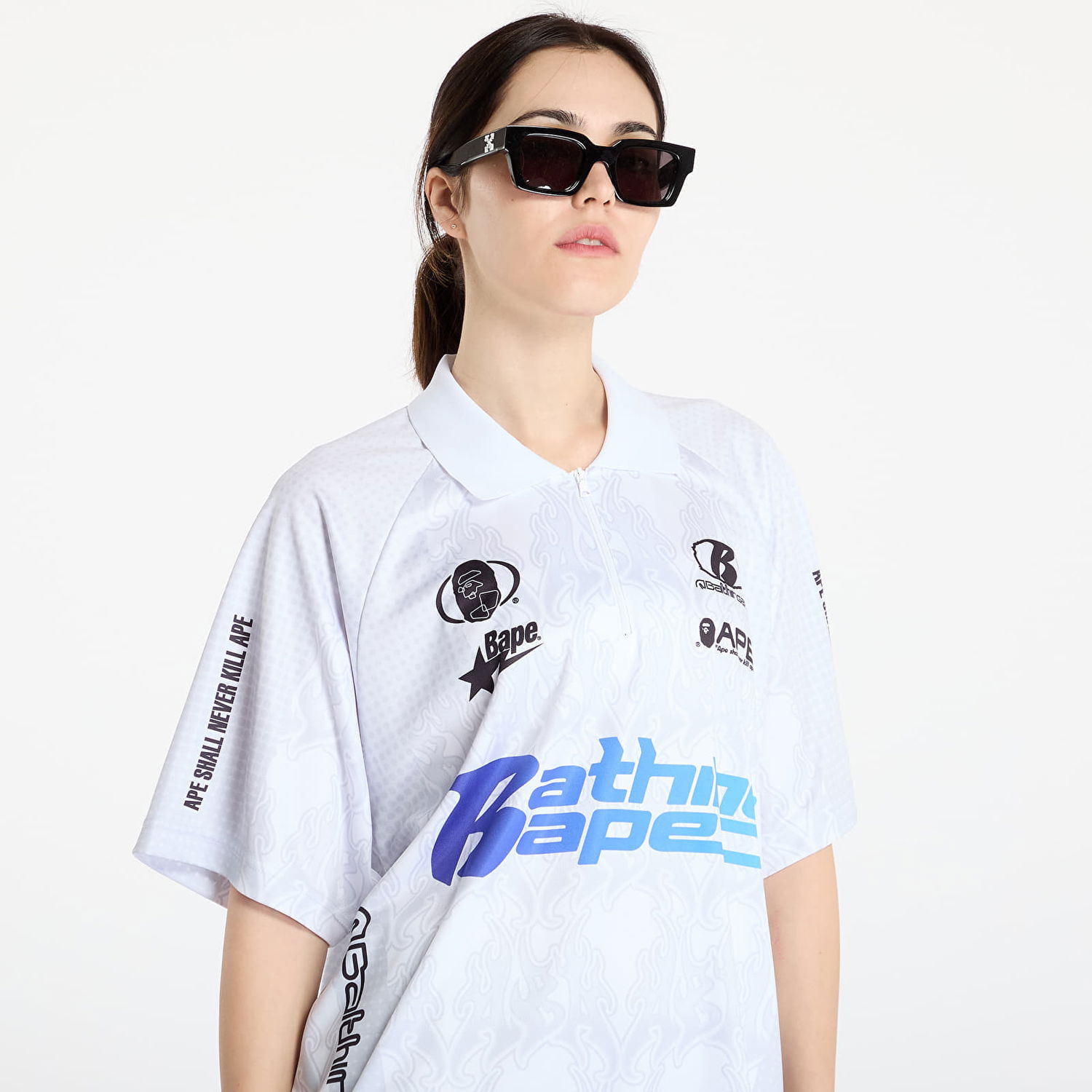 Polo tričko BAPE A BATHING APE Flame Pattern Overall Print Half Zip Relax Fit Polo Shirt Biela | 001POL301304MWHT, 1